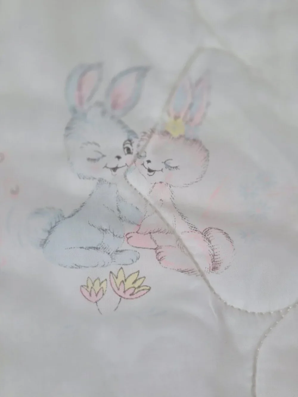 Vintage Sears Satin Quilted Baby Comforter Blanket Sheer Lace Trim Bunny Graphic